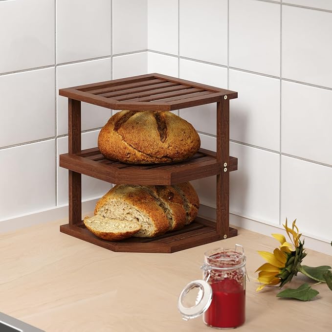 VERTORGAN Bamboo Corner Shelf,2 Tier Plate Organizer for Cabinet and Countertop,Pantry Dish and Spice Rack for Kitchen（Brown）