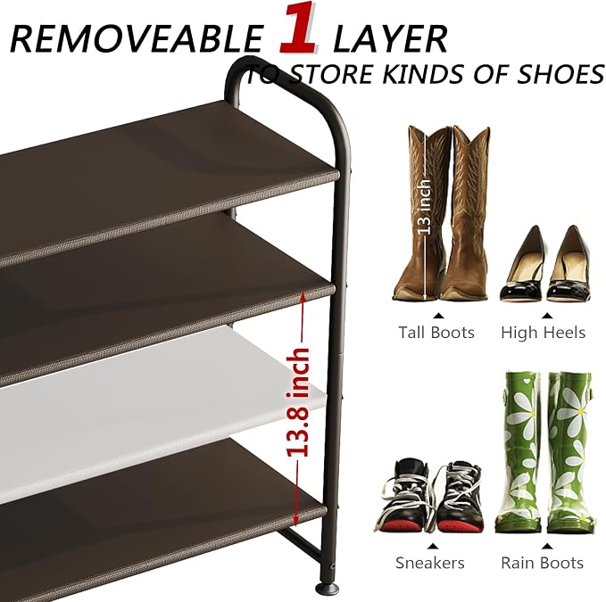 INGIORDAR Shoe Rack 4 Tier Long Storage Organizer Wide Metal Shoe Shelf for Closet Entryway Brown