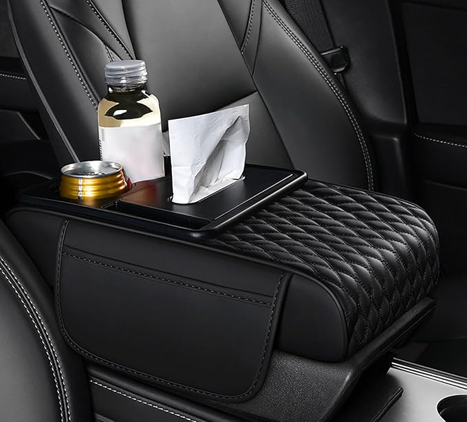 Car Armrest Center Console Cover for Acura MDX 2000–2025, Center Console Pad with Cup Holder, Multifunctional Armrest Cushion,B Black