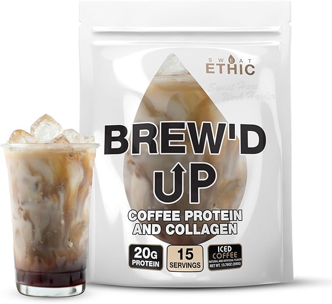Sweat Ethic Brew’D UP Collagen Protein Coffee, Whey Isolate & Collagen Peptides, Natural Caffeine, Low Lactose, No Added Sugar, Easy-Mix Protein, Iced Coffee Flavor, 15 Servings
