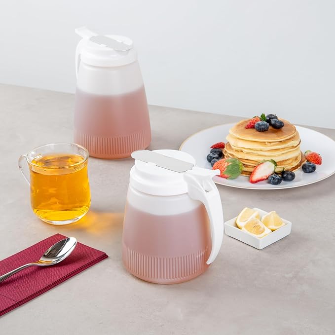 Restaurantware-Chef 101 32 Ounce All Purpose Syrup Dispensers, 10 Honey Dispensers - White Top, Stainless Steel Slide Cover, Plastic Pancake Syrup Bottle, Perfect For Diners, Restaurants, Home
