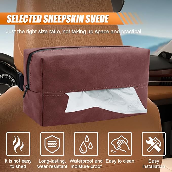 Car Tissue Holder, Rectangular Tissues Box Cover, Back Seat Tissue Dispenser for Tissues, Car Napkin Holder with Elastic Band, Fits for Storage & Organizer (Red)