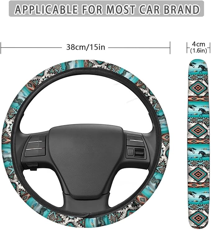 SEANATIVE Car Steering Wheel Protector Cover Aztec Horse Print Automotive Universal Steering Wheel Cover, Car Accessior, Easy to Disassemble