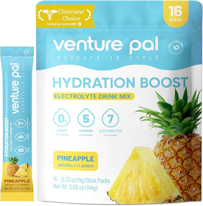 Venture Pal Sugar Free Electrolyte Powder Packets - Liquid Daily IV Drink Mix for Rapid Hydration & Party Recovery | 5 Vitamins & 7 Electrolytes| Keto Friendly | Non-GMO | Certified Vegan | 16 Sticks