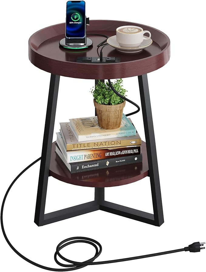 WLIVE Round End Table with Charging Station, Small Round Coffee Table, 2 Tier Side Table for Living Room/Bedroom, Sofa Couch, Wood Tabletop & Metal Frame, Brown
