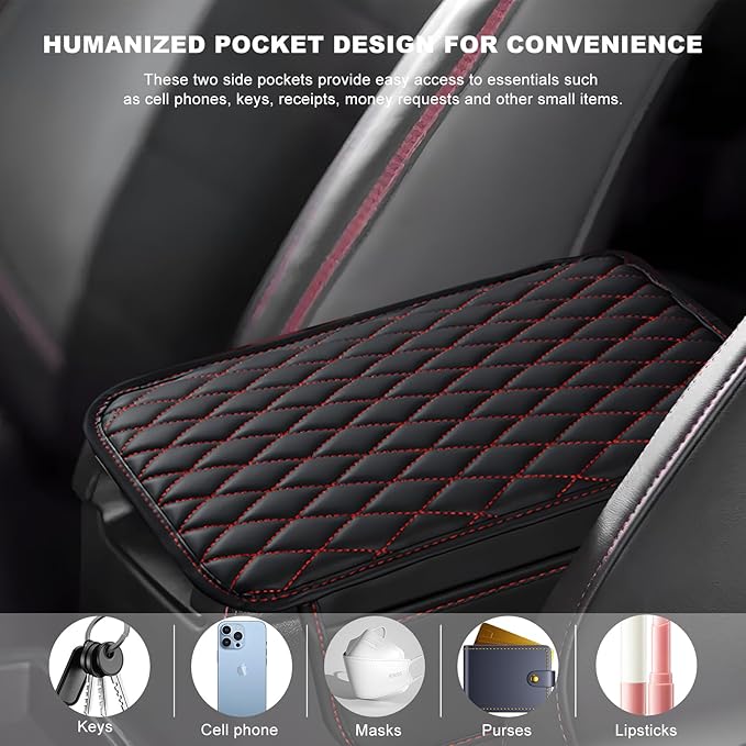 Car Center Console Cover, Waterproof Leather Arm Rest Cushion Pad with 2 Storage Bags, Anti-Scratch Armrest Seat Box Protector Interior Accessories for Most Vehicles (Black & Red)