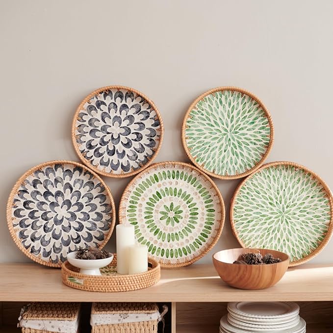 YANGQIHOME Round Rattan Tray with Handle, Mother of Pearl Inlay Decorative Wicker Basket for Coffee, Bread, Fruits, Serving Tray for Home Decor, 11.8 inch