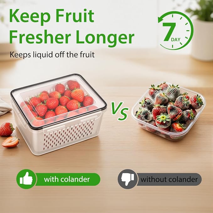 5 PCS Fruit Storage Containers for Fridge, Leakproof Produce Containers for Fridge with Removable Colander, Microwave/Dishwasher Safe Fruit Washing Bowl Keep Fruits, Vegetables, Berry Fresh longer