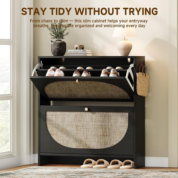Nicetree Rattan Arched Accent Shoe Cabinet - Freestanding Ultra Slim for Entryway, 2 Flip Drawers & 3-Tier Adjustable Shelves, Farmhouse Modern Rustic Shoe Rack for Hallway Foyer Living Room, Black