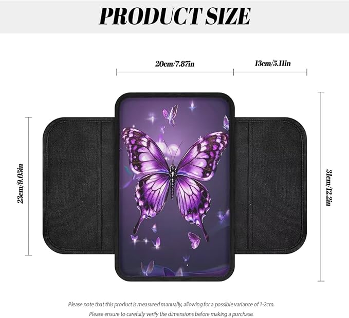 BIGCARJOB Butterfly Printed Car Center Console Cover with Side Storage Cute Auto Armrest Seat Box Cover,Non-Slip Armrest Cover Cushion Purple Butterfly Car Interior Accessories