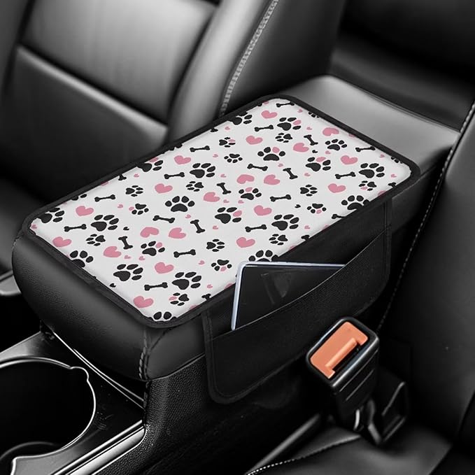 Dreaweet Car Center Console Cover Cute Dog Paw Print Armrest Cover Cushion with 2 Storage Pockets Universal Car Armrest Seat Box Pad Car Interior Accessories Protector for Most Vehicle