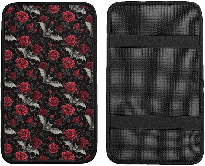 Goth Bat Rose Center Console Cover Pad, Car Armrest Seat Box Cover Cushion Universal for Most Vehicle SUV Truck, Car Interior Accessories Decor, Protect from Pet Claws & Dirt