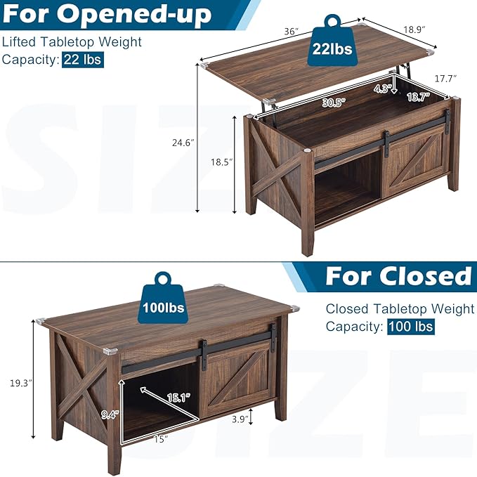 VINGLI Farmhouse Lift Top Coffee Table, Rustic Grey with Storage Shelf/Hidden Compartment, Mesa De Centro para Sala, Rustic Brown (Espresso, 36" L)