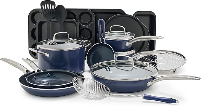 Blue Diamond 20 Piece Nonstick Cookware Set, Diamond Ceramic Pots & Pans, Dishwasher & Metal Utensil Safe, Non Toxic PFAS-Free, Kitchen Cooking Sauce & Saute Pans, Oven & Broiler to 600F, Blue