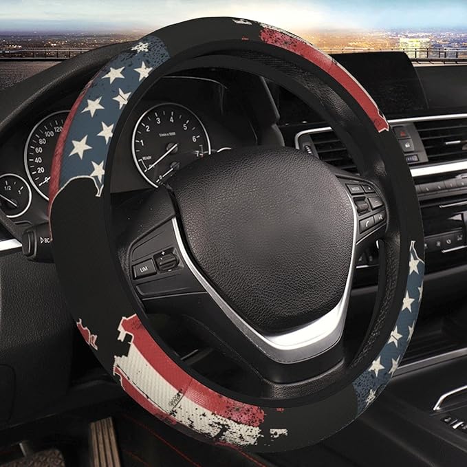 Steering Wheel Cover Polyester Thick Non-Slip Car Steering Wheel Cover Protector Universal 15 Inch, American Soldiers，USA Flag