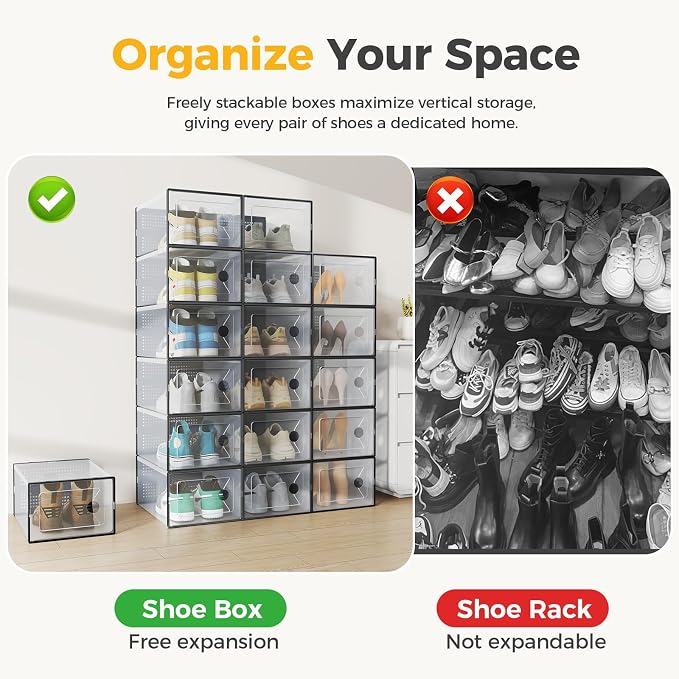 Sweetcrispy Shoe Storage Boxes, Clear Plastic Stackable Shoe Rack Organizer with Lids for Closet, Foldable Sneaker Container, Under Bed and Entryway, 12 Pack, Black