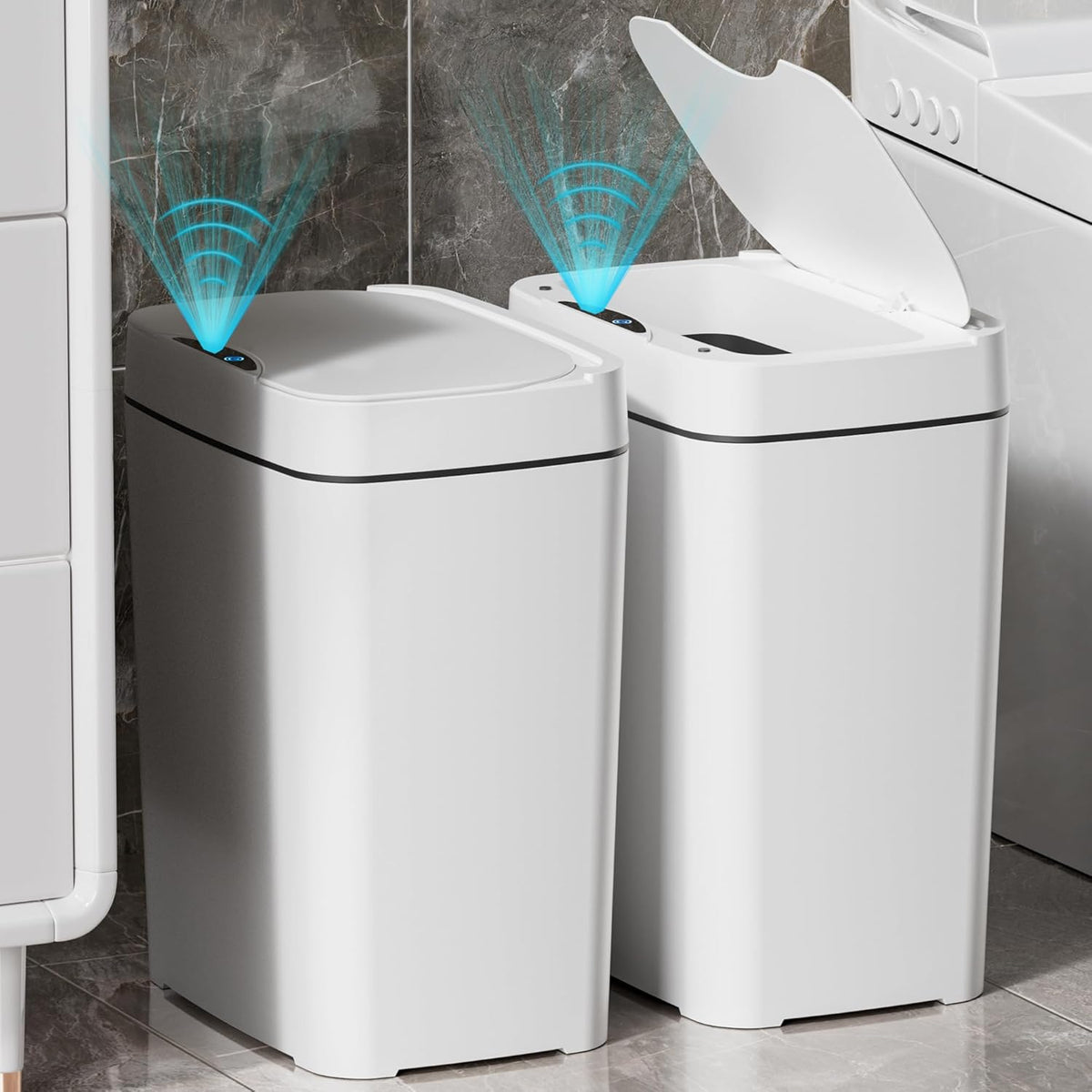 2 Pack 2.7 Gal Bathroom Trash Can with Lid, Automatic Trash Can Small Smart Garbage Can Touchless, Slim Motion Sensor Waterproof Plastic Trash Bins for Bedroom Office Kitchen Toilet