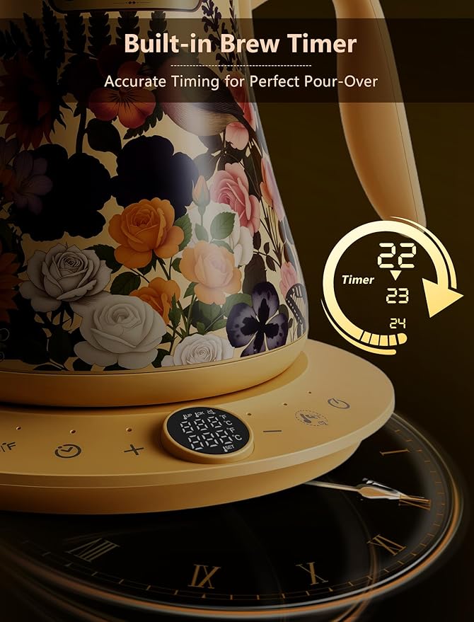 0.8L/27oz Gooseneck Electric Kettle - ±1℉ Precise Temperature Control for Pour Over Coffee & Tea, 1200W Fast Heating, Auto Shut-Off, Built-in Brew Timer, BPA-Free Stainless Steel, Floral