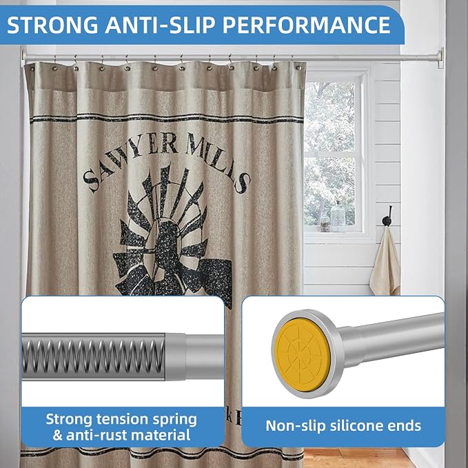 CorkLatta Matte Silver Shower Curtain Rod,1 Inch Diameter Stainless Steel Adjustable Spring Tension Rods 32 to 92",with Holders,Anti-Slip,Curtain Rods No Drilling(1 Pack)