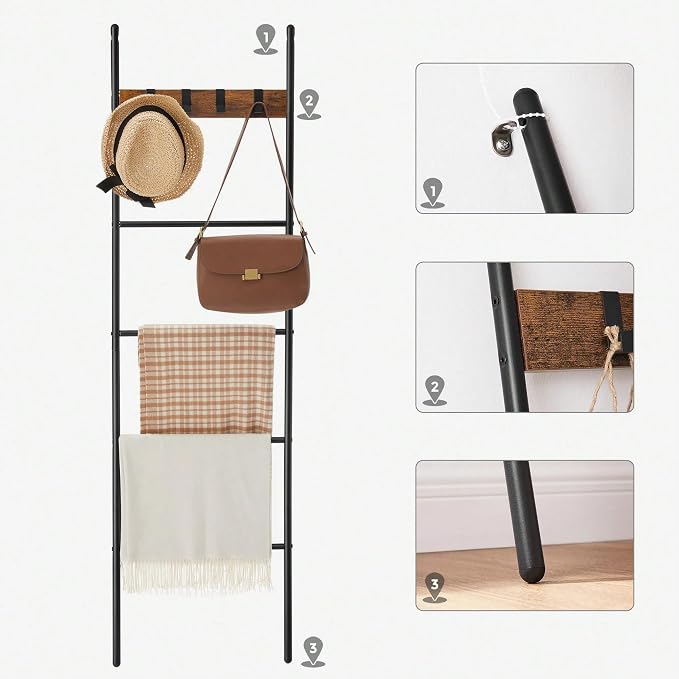 Blanket Ladder, 5-Tier with 4 Removable Hooks, Steel and Particleboard, Black, 17.3x63 Inch, Anti-Tip Kit Included
