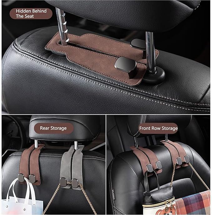 Premium PU Leather Car Seat Headrest Hooks, Backseat Hangers for Bags, Purses, Coats, Gray, 2 Pairs