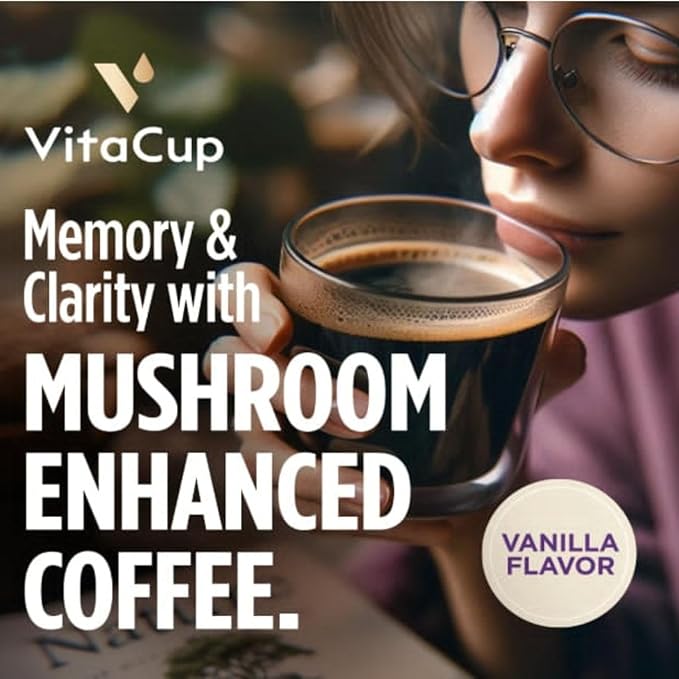 VitaCup Mushroom Coffee Pods, Vanilla Flavored Coffee with Chaga, Lion’s Mane, Vitamins, Medium Dark Roast Arabica Beans, Single Serve Pods Compatible with Keurig K-Cup Brewers, 32 Ct