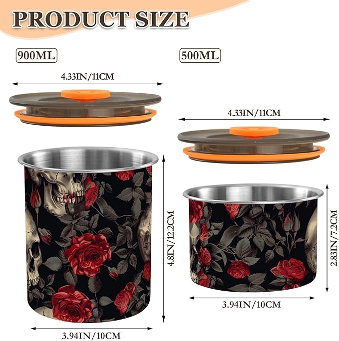 ALAZA Skull Red Rose Flower Floral Airtight Coffee Bean Canister 900ml Food Storage Containers with Lids For Gournd, Tea, Sugar, Flour, Rice, Cereal, Candy Cookie Jar