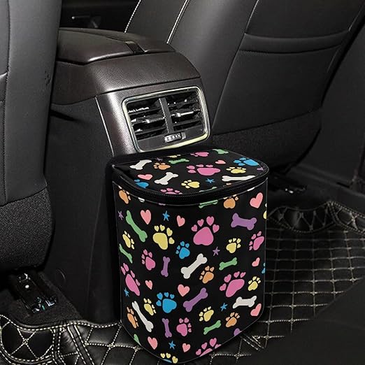 Colorful Dog Paw Print Car Trash Can Leak Proof Vehicle Trash Can for SUV Truck Van Easy to Install Automotive Garbage Cans Fashion Interior Accessories Universal Fit Most Cars SUV