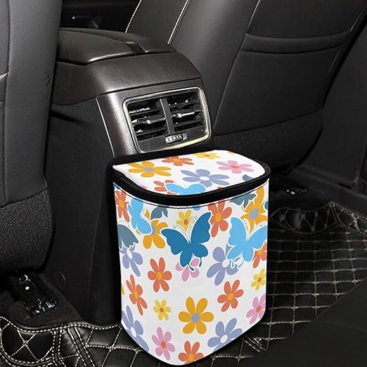 Cute Hippie Flower Car Trash Can Bin Hanging Waterproof Automotive Garbage Cans Large Capacity Waste Basket Automotive Interior Organizer Accessory for Women