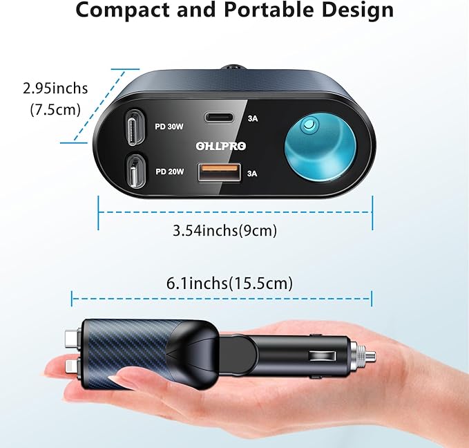OHLPRO Retractable Car Charger Cigarette Lighter Adapter, 168W 5 in 1 Fast Phone Charging Built-in Replaceable Fuse, Socket Splitter with USB C and USB i Cord, Fit for Phone, iPad, Galaxy, GPS