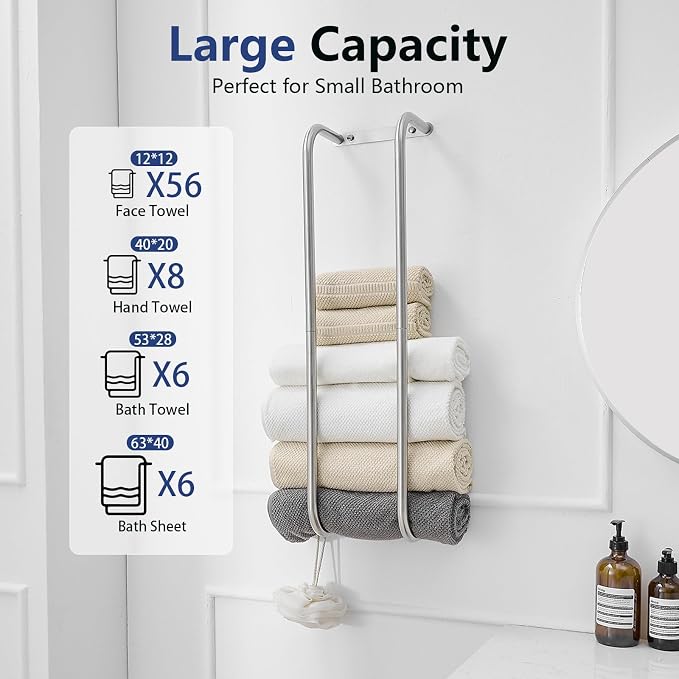 BWE Brushed Nickel Towel Racks for Bathroom, Wall Mounted Towel Rack for Rolled Towels, Bathroom Towel Storage, Stainless Steel Vertical Towel Holder, Bathroom Organizer