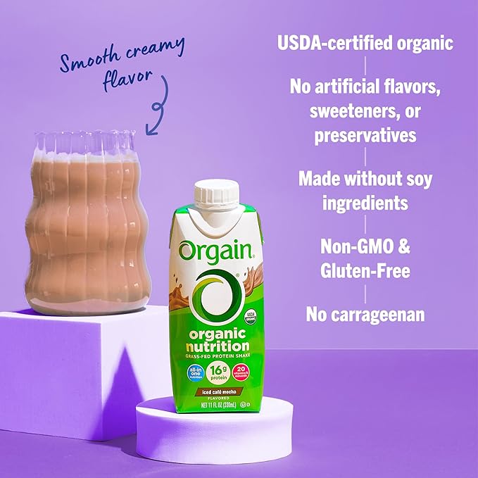 Orgain Organic Nutritional Protein Shake, Iced Café Mocha - 16g Grass Fed Whey Protein, Meal Replacement, 20 Vitamins & Minerals, Fruits & Vegetables, Gluten Free, Non-GMO, 11 Fl Oz (12 Pack)