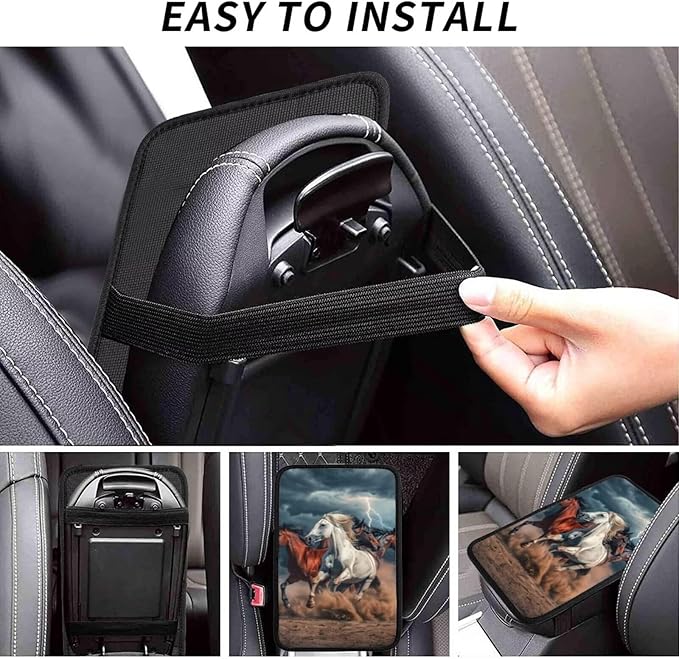 Horse Print Auto Center Console Cover Pad Art Running Horses Armrest Covers Anti-Scratch Arm Rest Box Cushion Protector Fit for Most Cars Sedans Vans Truck Vehicles SUV