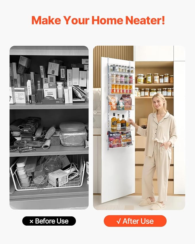 VEVOR Over the Door Pantry Organizer, 6-Tier Pantry Organization and Storage, Heavy-Duty Steel Hanging Spice Rack, Adjustable Wall Seasoning Shelves, for Home Kitchen Laundry Room Bathroom, White