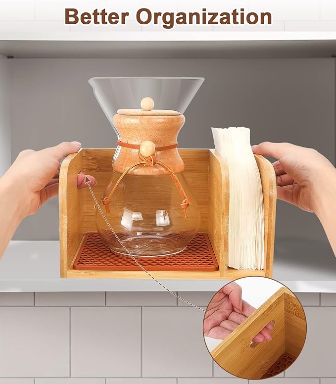 Bamboo Caddy with Lid & Heatproof Trivets Mat for Chemex CoffeeMakers - Designed for Chemex Pour - Over Glass Coffeemaker(3/5/6/8/10Cup), for Bodum Pour Over Coffee makers - Bamboo cup not included