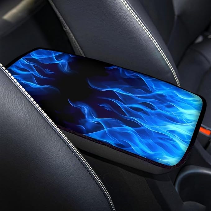 Car Middle Console Covers Non Slip Blue Flames Car Arm Rest Cushion Cover for Men Universal Auto Interior Accessories for Vehicle, SUV, Truck