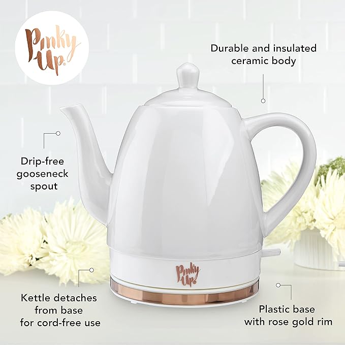 Pink Up Noelle Electric Tea Kettle, Gooseneck Kettle, Hot Water Dispenser, Pour Over Coffee, Automatic shut off, Cordless, Electric Teapot, 1.5L, Ceramic, Grey