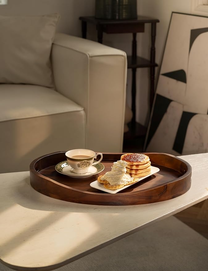 Acacia Wood Ottoman Tray with Handles - 20" x 15" Round - Large Oval Serving Trays for Living Room -Wooden Trays Decorative for Kitchen Counter, Coffee Table, Breakfast in Bed (Walnut Color)