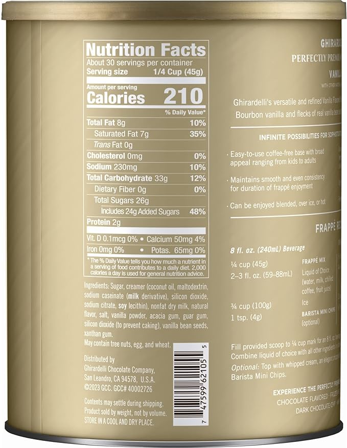 Ghirardelli Vanilla Premium Frappe Mix 3 lb Can with Ghirardelli Stamped Barista Spoon