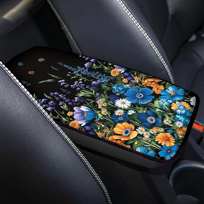 Wild Floral Car Armrest Cover Center Console Cover for Women, Cottagecore Theme Auto Accessories Interior Arm Rest Cover Pad