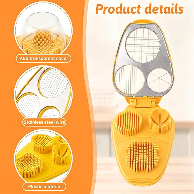 3 in 1 Boiled Egg Slicer, 3 Slice Modes Chopper Cutter with Brush, Manual Egg Slicer Steel Wire Dicer for Hard Boiled Eggs, Kitchen Gadget for Soft Fruit Butter, Labor Saving (Yellow)