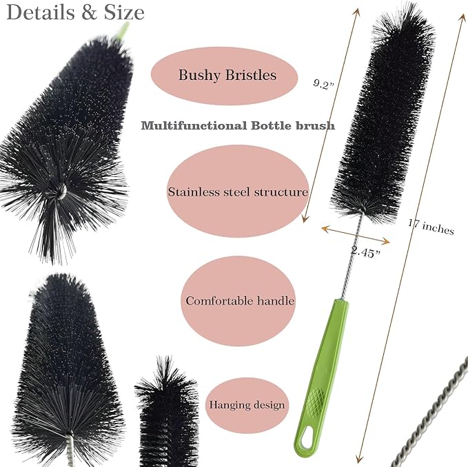 17 Inches Extra Long Handle Bottle Cleaning Brush for Narrow Neck Wine, Beer Bottle, Sport Bottles, Baby Bottles, deep Cups, Vase, Thermos, Glass, Pipes, Kitchen Sinks, Flask, and Hummingbird Feeders