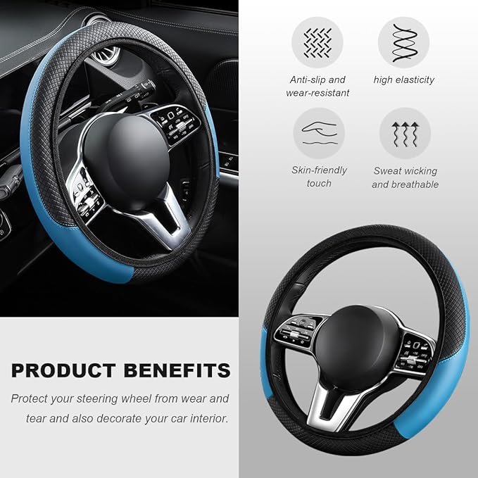 Car Steering Wheel Cover, 15 Inch Carbon Fiber Elastic Vehicle Steering Wheel Protector, Breathable Leather Auto Wheel Covers for Women Men, Interior Car Accessories (Black & Blue, AD)