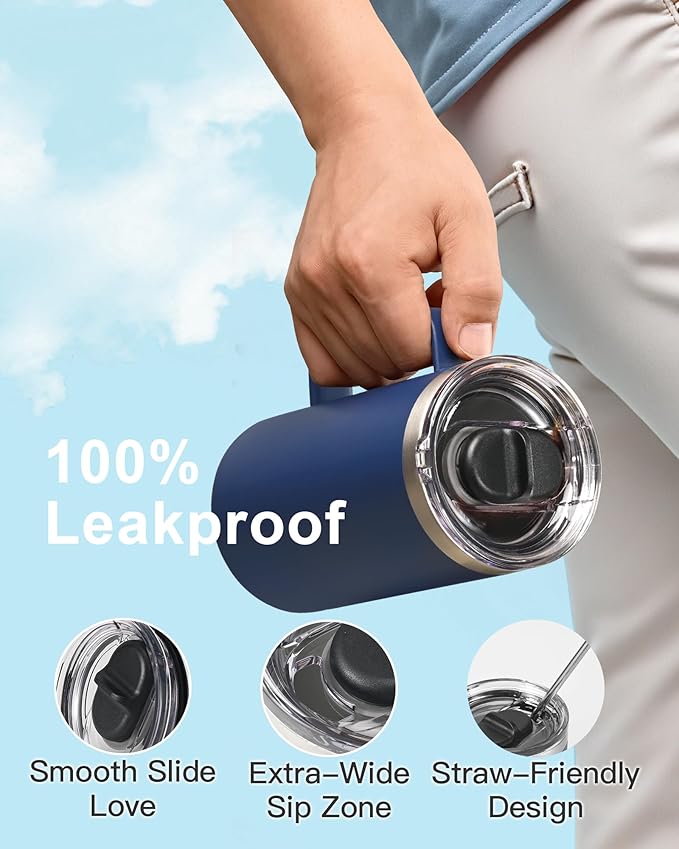 Insulated Coffee Mug 24 oz, Double Wall Stainless Steel Coffee Mug with Lids, Leak-Proof & Detachable Slider Lid for Thorough Clean, Keeps Coffee Cold for 9 Hrs, Suitable for Camp Home Office