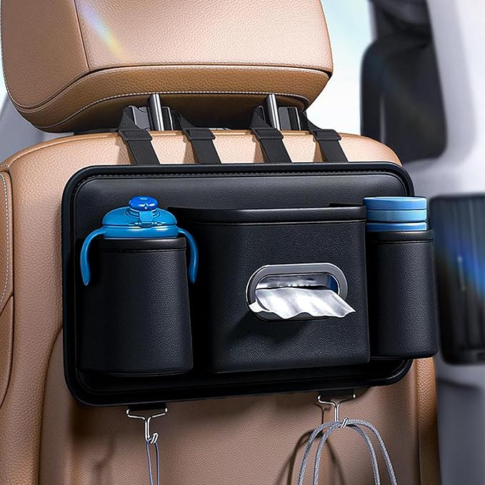 Car Headrest Backseat Organizer, Multifunctional Vehicle Seat Back Storage Box with Drink Cup Holder and Hooks, Automotive Travel Accessories, Universal for SUV, Sedan, Truck (Black)
