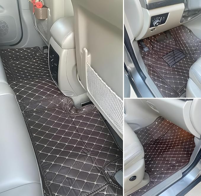 Customize Car Floor Mats for 99% Sedan SUV Sports Car All Weather Leather Full Coverage Waterproof Non-Slip Vehicle Lining Pads (Black Brown Stitching1)