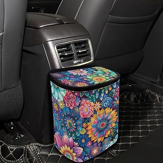 Boho Floral Car Trash Can Lightweight Multipurpose Trash Bin for Car Leak Proof Automotive Garbage Cans Fashion Interior Accessories Universal Fit for Cars Truck Van SUV