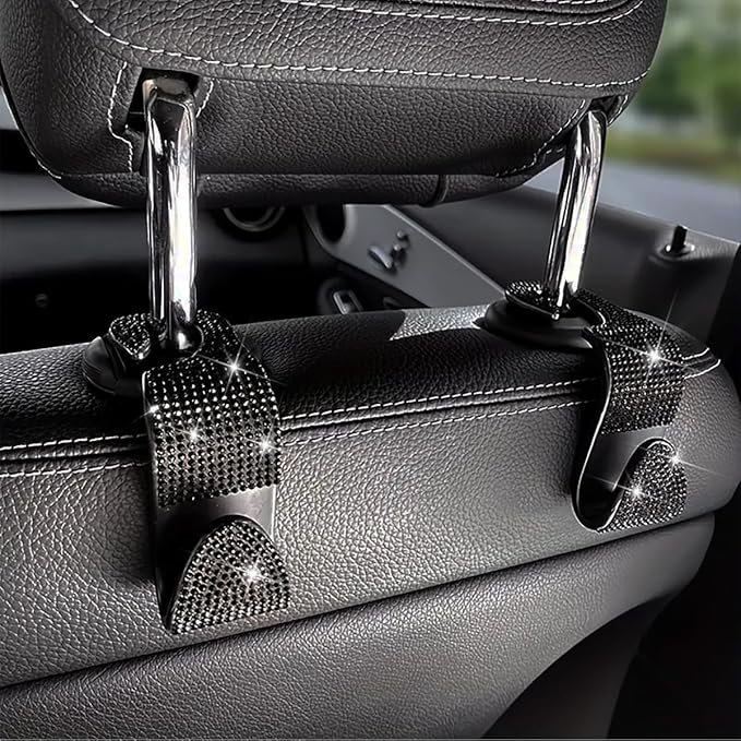 4PCS Bling Car Seat Headrest Hooks, Vehicle Back Seat Purse Handbag Hanging Holder with Crystal Rhinestone, Diamond Storage Organizer Hook, Universal Automotive Accessories (Black)