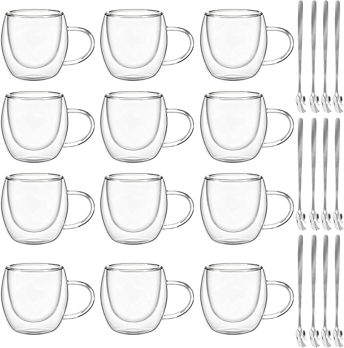 12 Pcs 8 oz Glass Coffee Mugs with Handle and Spoons Clear Insulated Tea Cups Set Espresso Coffee Mugs Borosilicate Double Glassware Cups for Latte Iced Hot Beverages