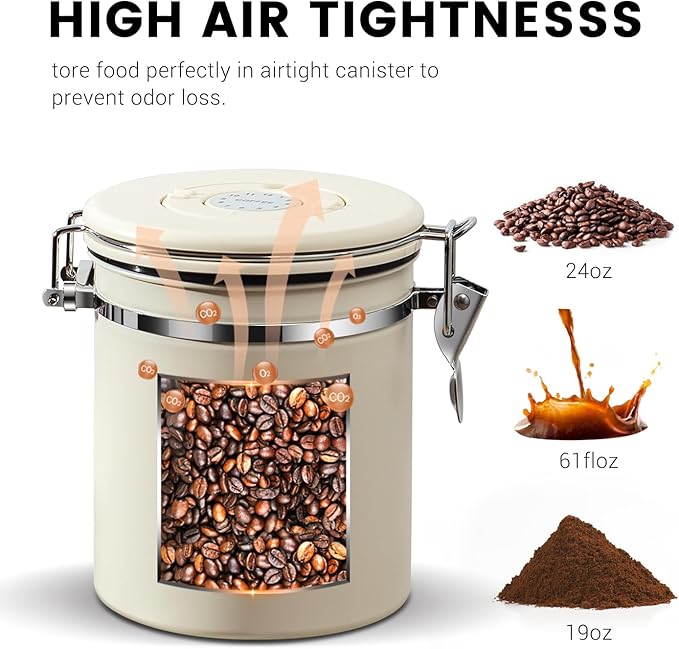 Airtight Coffee Container with Date Tracker & Spoon - Kitchen Storage Jar for Coffee Grounds, Cereal, Beans, Sugar (Black, 16OZ)